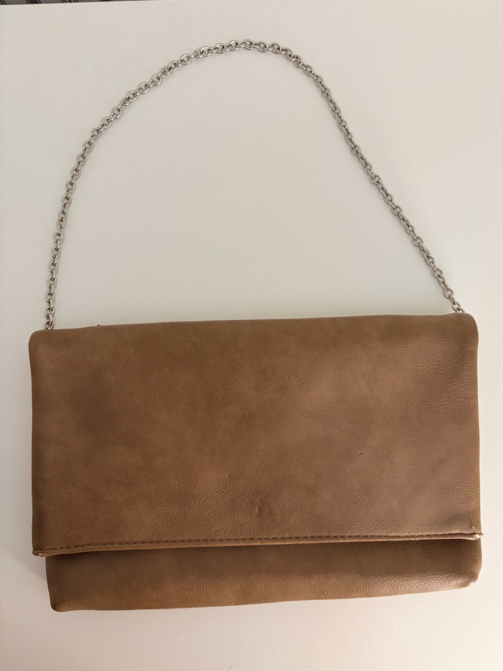 Kelly & Katie Tan Fold-Over Clutch with Silver Chain